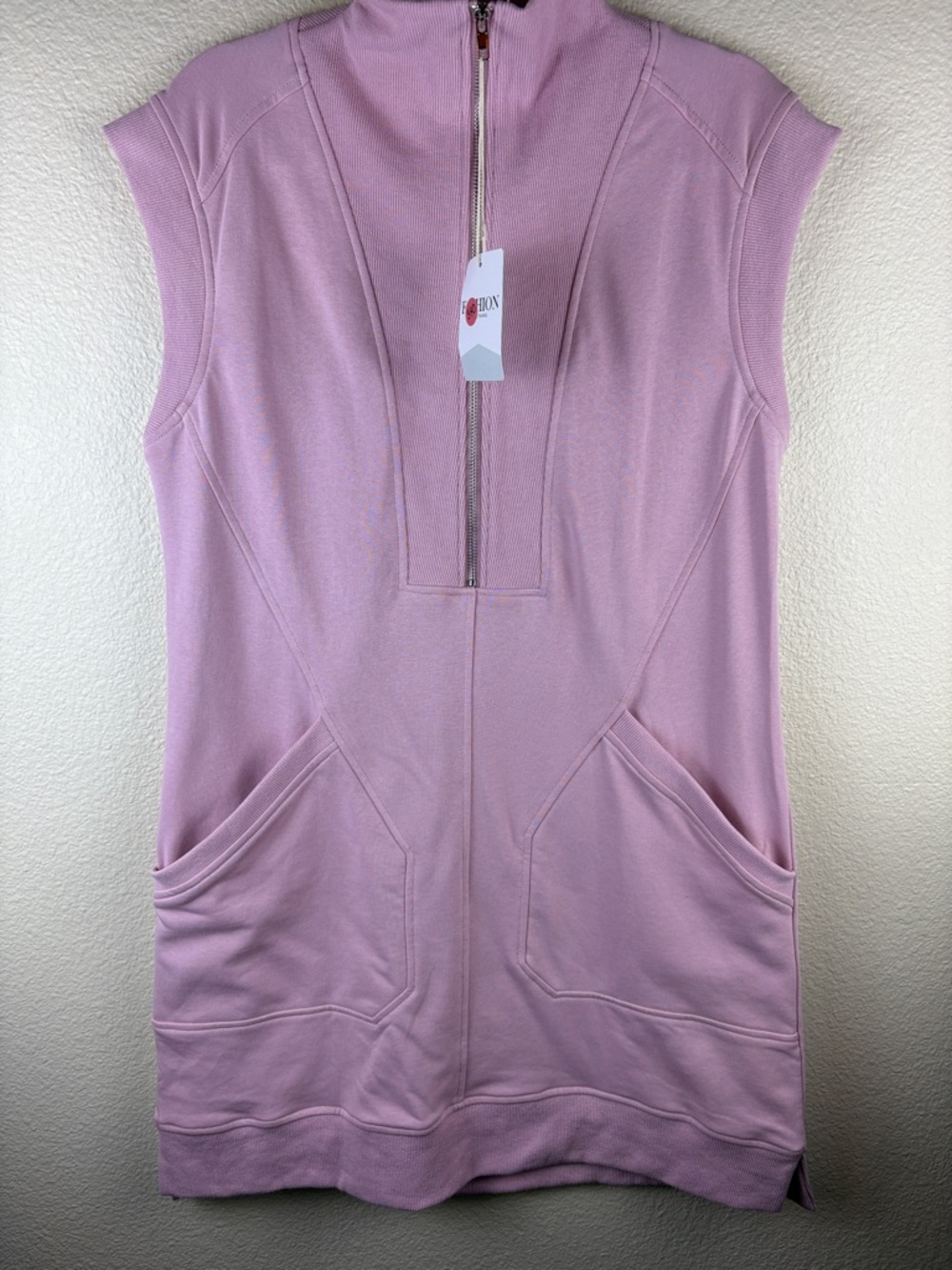 Fashion Light Pink Athleisure Pocketed Casual Zip Front Sweatshirt Dress Size M